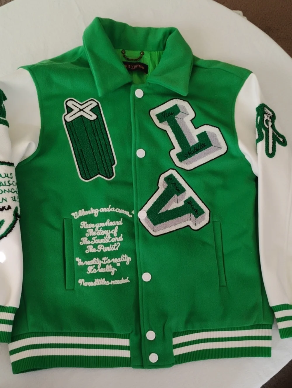 Louis Vuitton Men's Green & White Embroidered Varsity Jacket Sz S Made In Italy